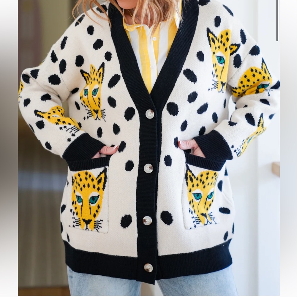 Leopard Print Women's Cardigan - Black and Yellow